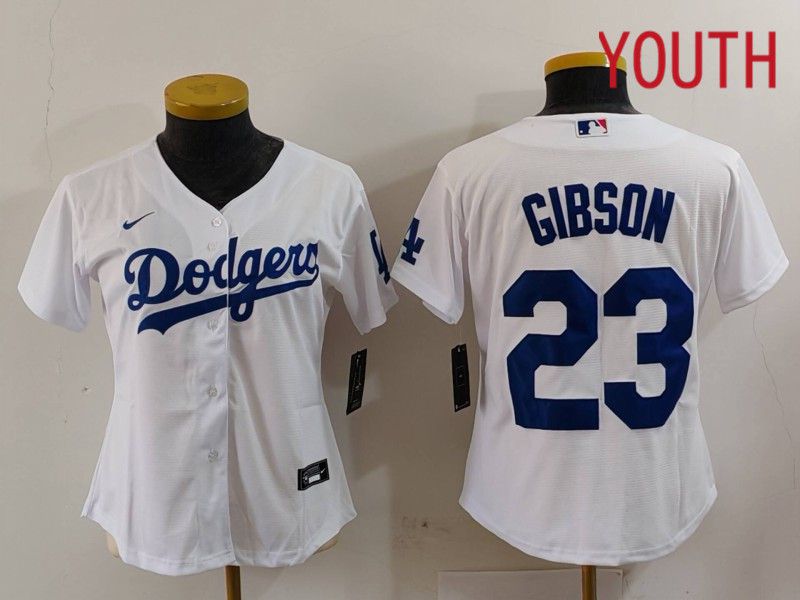 Youth Los Angeles Dodgers 23 Gibson White Nike Game 2024 MLB Jersey style 1